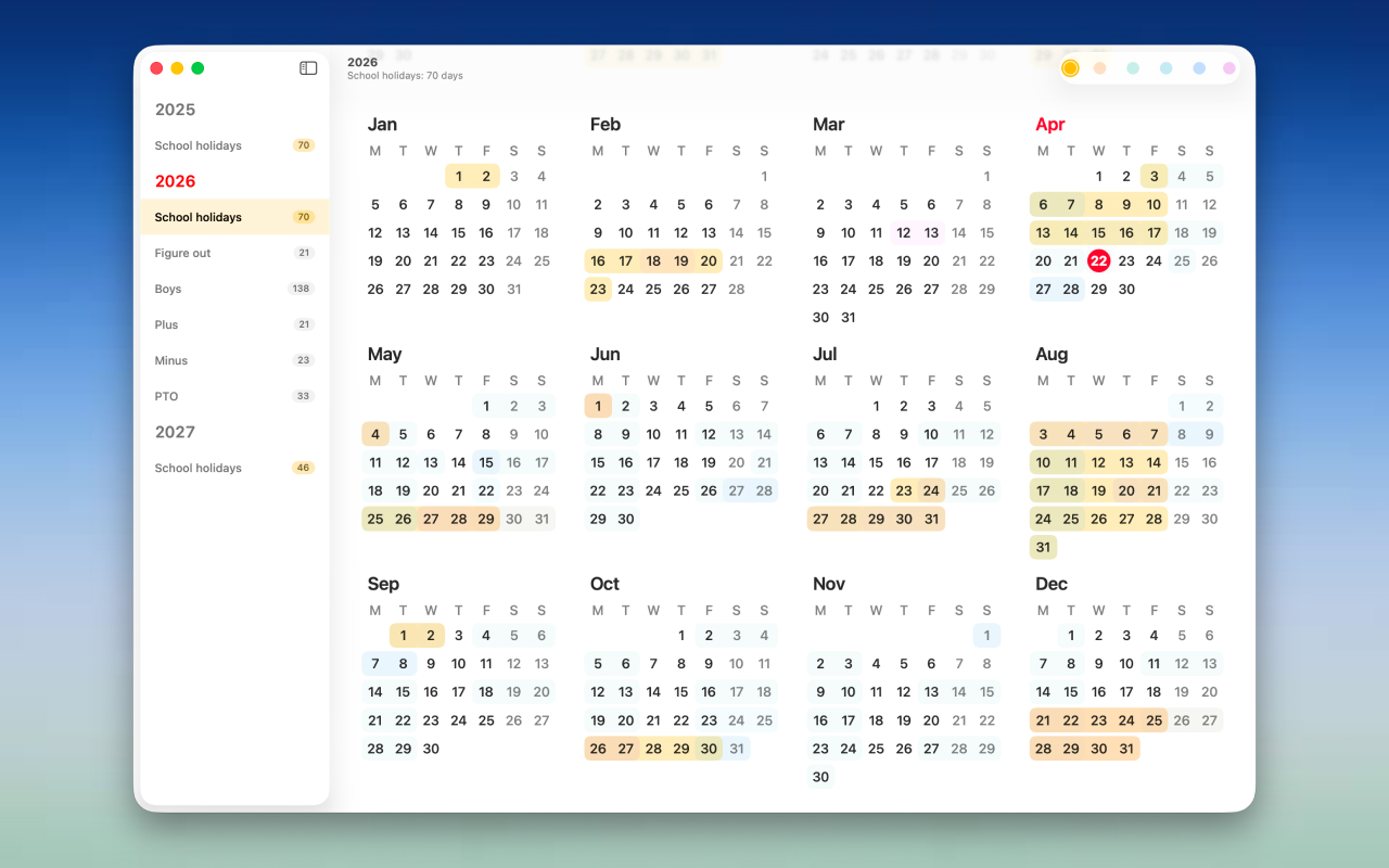 Yearly calendar with a sidebar showing separate lists and yearly groupings.