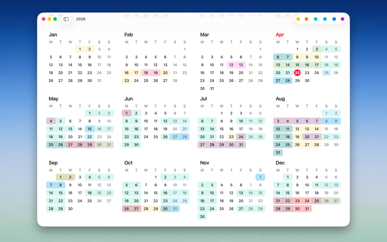 Yearly showing a year-at-a-glance calendar with colored ranges across months.