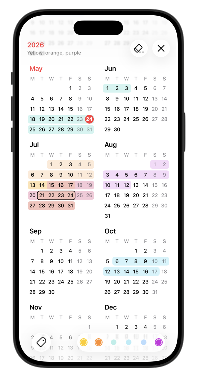 Yearly on iPhone showing highlighted date ranges across a year calendar.