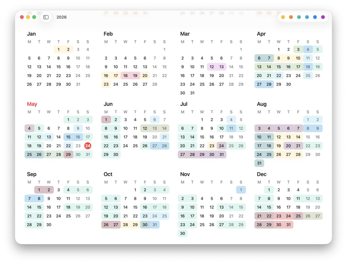 Yearly whole-year calendar view with highlighted date ranges.